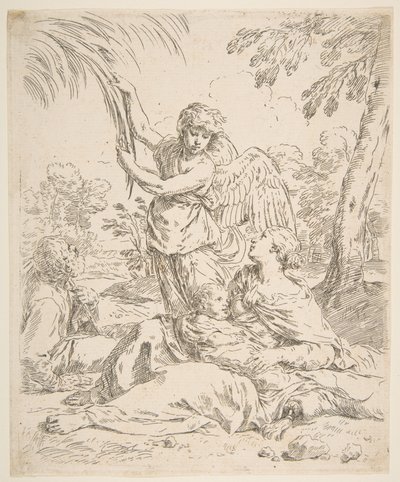 Hvil i Egypten, Maria ammer spædbarnet Kristus, mens en engel trækker i grene, ca. 1639. af Simone Cantarini