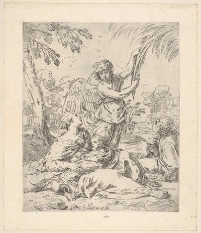 Hvil i Egypten, Maria ammer spædbarnet Kristus, mens en engel trækker i en gren..., ca.1630-1648. af Simone Cantarini