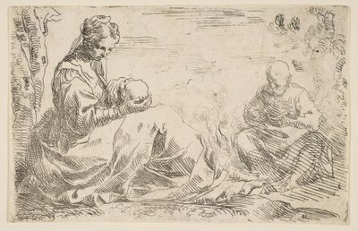 Hvil på flugten til Egypten, Maria holder og ser på spædbarnet Kristus, mens St...., ca. 1637. af Simone Cantarini