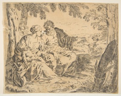 Hvil på flugten til Egypten, hvor Maria holder spædbarnet Kristus, mens St. ..., ca. 1637-1639 eller senere. af Simone Cantarini