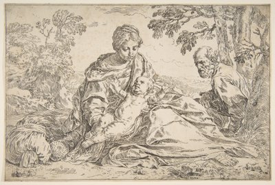 Hvil på flugten til Egypten, Maria holder spædbarnet Kristus med St. Joseph til højre, ca. 1640. af Simone Cantarini