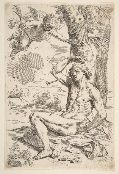 Sankt Sebastian gennemboret med pile og bundet til et træ, ca. 1639. af Simone Cantarini