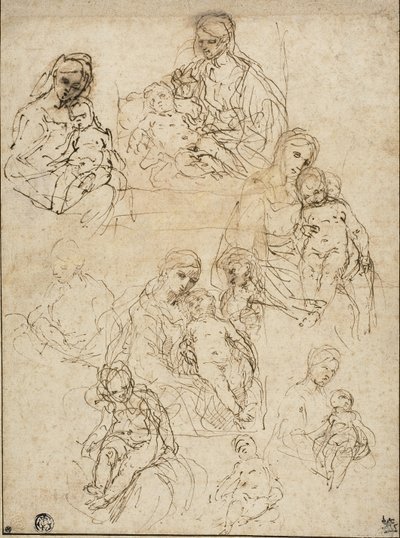 Skitser af jomfruen og barnet og den hellige familie, 1642-48 af Simone Cantarini