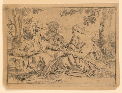 Den hellige familie med Saint John og Saint Elizabeth af Simone Cantarini