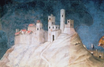 Mindehøjtidelighed for Guidoriccio da Fogliano ved belejringen af Montemassi, detalje af fæstningen Montemassi, fra Sala del Mappamondo, 1328 af Simone Martini