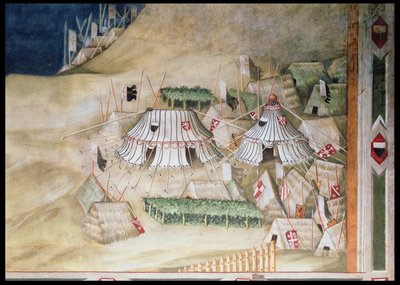 Mindehøjtidelighed for Guidoriccio da Fogliano ved belejringen af Montemassi, detalje af militærlejren, fra Sala del Mappamondo, 1328 af Simone Martini
