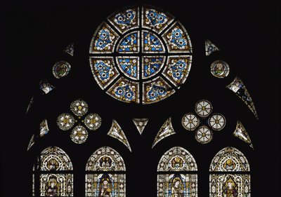 Detalje af den centrale roset, med i de ovale vinduer symboler på evangelister - Glasmaleri af Simone Martini (ca. 1284-1344), cm. 570 x 400. Basilica of St. Francis of Assisi, Lower Church, Chapel of St. Louis, Assisi af Simone Martini