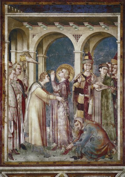 Fresko af Sankt Martins liv. Sankt Martin er en ridder, detalje. Festen Saint Martin de Tours og musikerne. Maleri af Simone Martini (1280-1344). Fresco af Simone Martini
