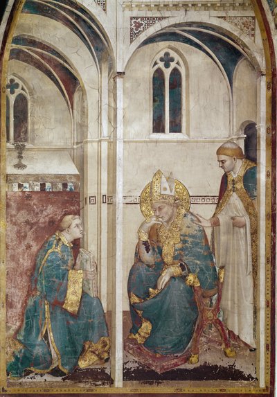 Life of Saint Martin of Tours (316-397): Sankt Martin i meditation (Saint Martin of Tours mediterer) - Fresco af Simone Martini (ca. 1284-1344), ca. 1312-1317, cm. 390x200 - Basilica of Saint Francis of Assisi, nedre kirkekapel Saint Martin, Assisi af Simone Martini