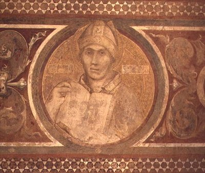 Maesta: St. Augustine, detalje fra rammen af Simone Martini