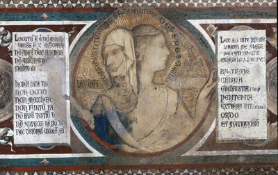 Maesta: Tosidet figur, der repræsenterer gammel lov og ny lov, detalje fra rammen, 1315-detalje af 51591 af Simone Martini