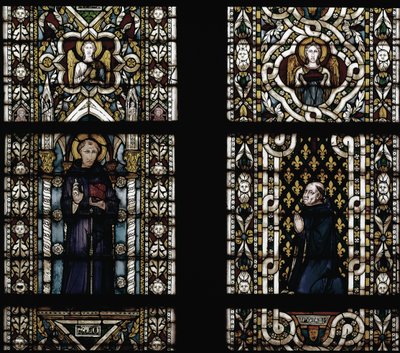 Sankt Antonius af Padova (1195-1231) og kardinal hedning af Montefiore (Gentile Partino da Montefiore, Gentilis af Monteflorum, ca. 1240-1312) knælende (Sankt Antonius af Padova og Gentile da Montefiore) - Glasmaleri af Simone Martini (ca. 1284-1344), cm.  af Simone Martini