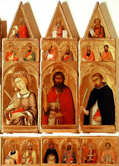 Sankt Katarina af Alexandria, Sankt Johannes Døberen, Sankt Peter af Verona. Detalje af Saint Catherine of Alexandria Polyptykon (tempera og guld på træ af Simone Martini