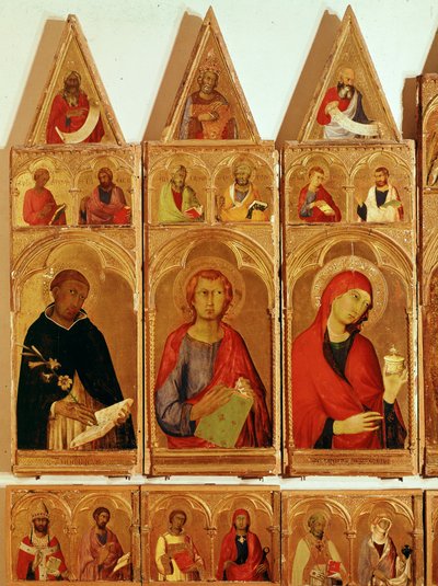 Saint Dominic, Saint John Evangelist, Saint Mary Magdalene. Detalje af Saint Catherine of Alexandria Polyptykon (tempera og guld på træ af Simone Martini