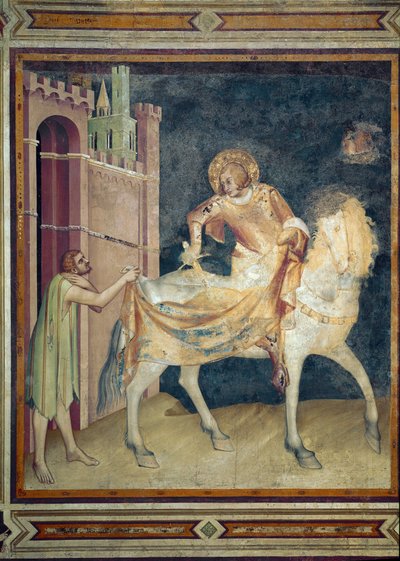 Sankt Martin deler sin frakke med en tigger. Fresco af Simone Martini (1282-1344). 1315. Nedre Basilika af Sankt Francois af Assisi, Kapel Sankt Martin. Sid ned. af Simone Martini