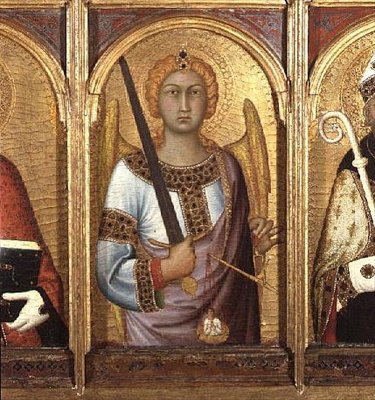 St. Michael, detalje fra altertavlen af SS Geminianus, Michael og Augustine, ca. 1319 (tempera med guld og sølv på panel) (detalje af 58835) af Simone Martini