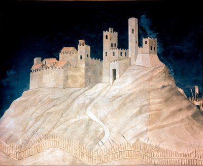 Udsigt over slottet Montemassi i Maremma (Maremma) i 1328. Fresco af Simone Martini (1284 ca.-1344) af Simone Martini