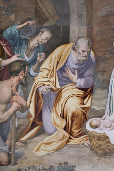 Tilbedelse af hyrderne, 1578-82 (detalje af 3497111) af Simone Veneziano Peterzano