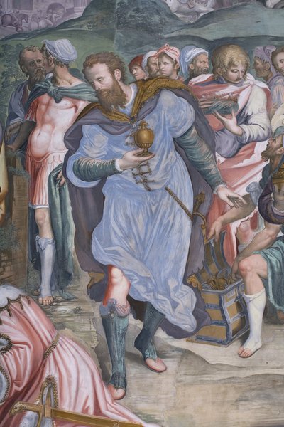 De tre kongers tilbedelse, præstegård, 1578-82 (detalje af 3497103) af Simone Veneziano Peterzano