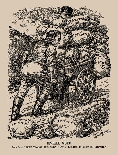 Arbejde op ad bakke. John Bull. Selvom det kun er en halv liga, skal det fortsætte, 1935. af Sir Bernard Partridge