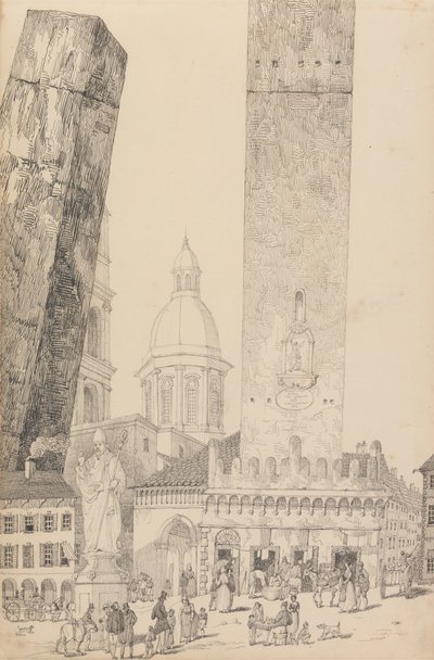 Album med 30 udsigter i Tyrol og Italien: Skæve tårne, Statue af St. Francis, Bologna 12. november 1840 af Sir Charles D