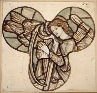 Design til farvet glas i Lyndhurst Church: An Angel Harpist, 1862 af Sir Edward Coley Burne Jones