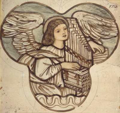 Design til farvet glas i Lyndhurst Church: An Angel Organist, 1886 af Sir Edward Coley Burne Jones