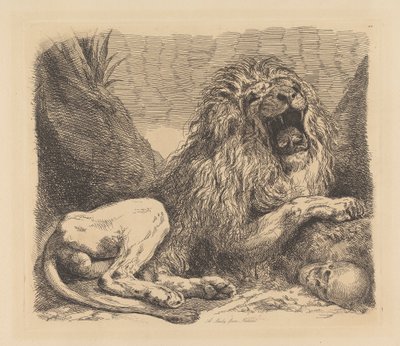 En undersøgelse fra naturen; en løve blandt sten, brølende, et menneskekraniet nederst til højre af Sir George Hayter