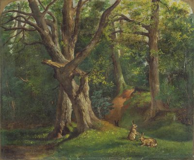 Skovscene med kaniner af Sir Hubert von Herkomer