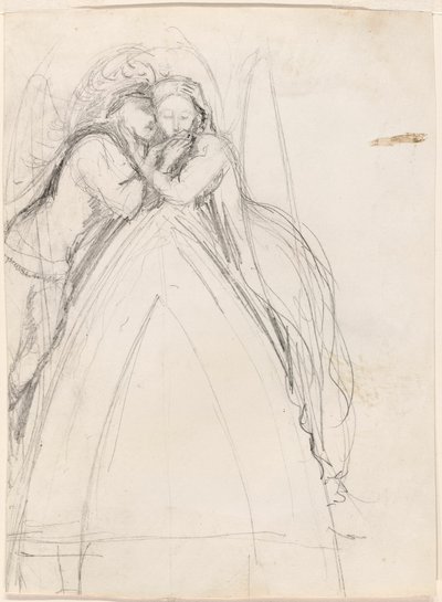 Design til en gotisk bue med kunstneren og Effie Ruskin, der omfavner hinanden (recto); Design til en gotisk bue med Effie som engel (verso) af Sir John Everett Millais