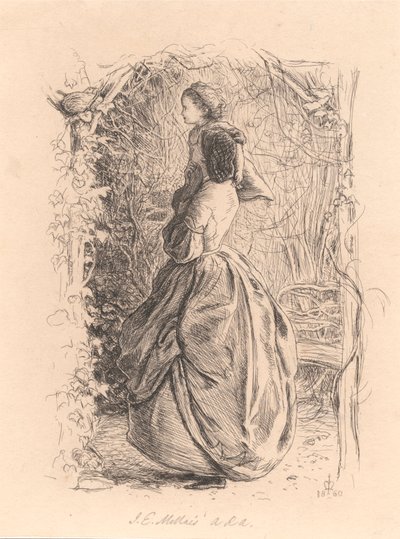 Glædelig forårstid. Kvinde og barn ser på fugl i reden. af Sir John Everett Millais