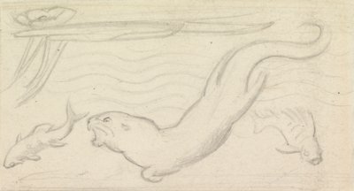 Farvet glasstudie, en odder og to fisk af Sir John Everett Millais