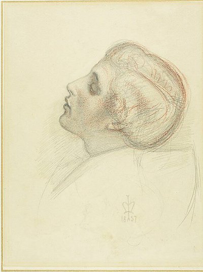 Studie til hovedet af den reddende elsker i Escape of the Heretic af Sir John Everett Millais