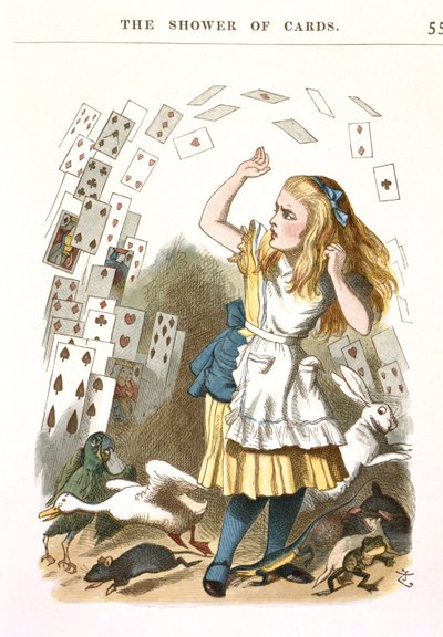 Bygen af kort. Illustration til Alice i Eventyrland af L. Carroll, 1890 af Sir John Tenniel