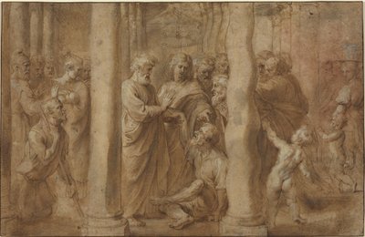 Miraklet af den lamme mand helbredt af Sankt Peter og Sankt Johannes af Sir Peter Paul Rubens over Anonymous Italian after Parmigianino after Raphael