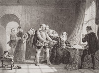 Mary Queen of Scots (1542-87) tvunget til at underskrive sin abdikation i Lochleven Castle i 1567, fra 