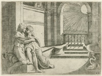 Abimelech ser Isaak Rebekka liefkozen Bijbelse scener (serietitel) Historia del Testamento Vecchio / Malet i Rom i Vatikanet af Raffaelle di Urbin (...) (serietitel) af Sisto Badalocchio