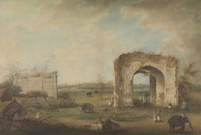 Udsigt over en moske og port ved Motijhil, ca. 1814-23. af Sita Ram.