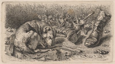 Hund sover ved siden af et par støvler af Sixt Thon