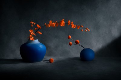 Blå vaser med orange blomster af Siyu_Wei APA