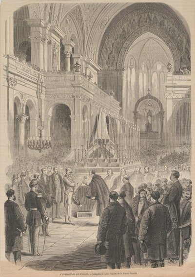 Gioacchino Rossinis begravelse. Indvielsen i Den Hellige Treenigheds Kirke, 1868. af Smeeton and Cie . Cosson