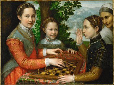 Et spil skak, der involverer malerens tre søstre og en tjener af Sofonisba Anguissola