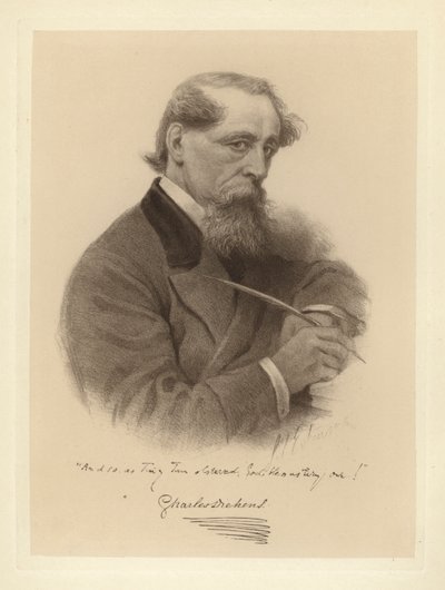 Portræt af Charles Dickens, der holder sin pen (s/h foto) af Solomon (after) Eytinge