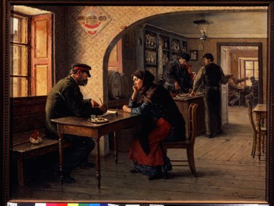 Et andragende (et andragende). På en cafe taler en kvinde med en soldat fra den Røde Hær, som udfylder en formular til hende. Bag dem, den almindelige travlhed på en cafe. Maleri af Solomon Yakovlevich Kishinevsky (Kishinevsky) (1863-1941), olie af Solomon Yakovlevich Kishinevsky
