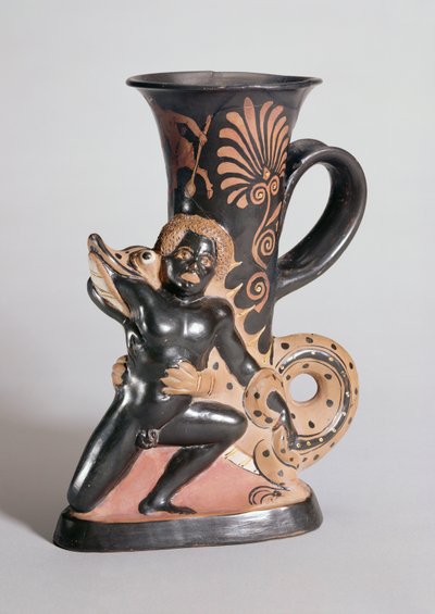 Horn-formet Rhyton med rød figur, der forestiller en krokodille, der angriber en nubisk, græsk, ca. 350 f.Kr. (ler) af Sotades