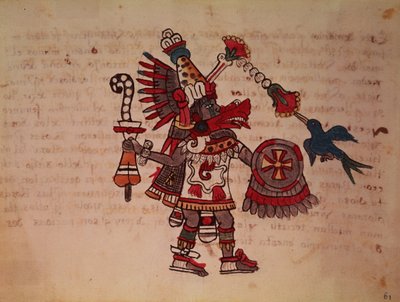 Quetzalcoatl, den plyerede slange, vindens gud, lærdom og præstedømme, livets mester, skaber og civilisator, protektor for enhver kunst og opfinder af metallurgi (vellum) af South American School