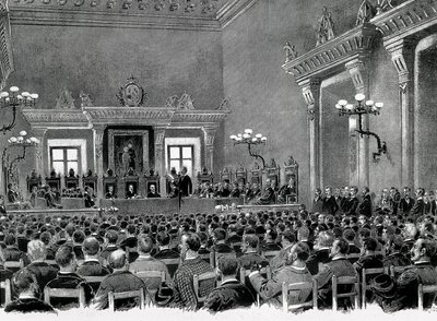 En forsamling af catalanske nationalister samledes i Manresa Rådhuset til udarbejdelse af de 16 baser til at tjene den catalanske regionale forfatning i 1892. Tegning af Jaume Pahissa. af Spanish School
