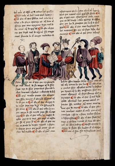 En mand præsenterer en bog til kongen, miniature i "Book of Punishments or Documents for Good Living" af Spanish School