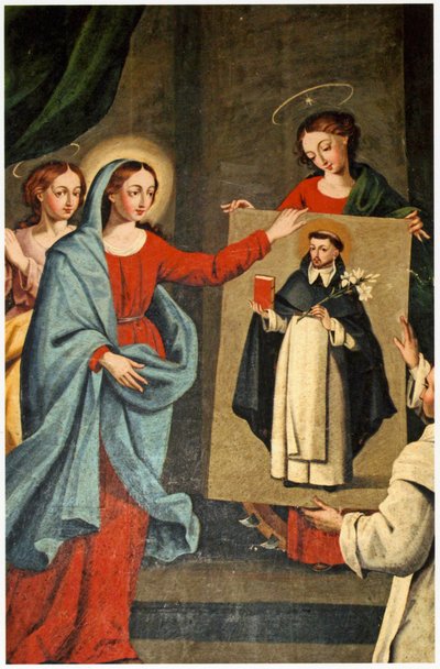 En helgen, der præsenterer et portræt af Saint Dominic til Jomfru Maria (se også 308139) af Spanish School