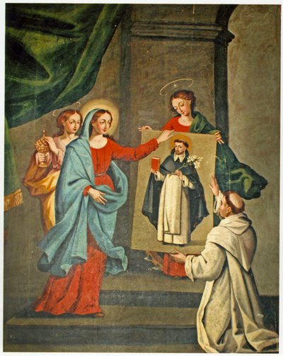 En helgen, der præsenterer et portræt af St. Dominic til Jomfru Maria (se også 308140) af Spanish School